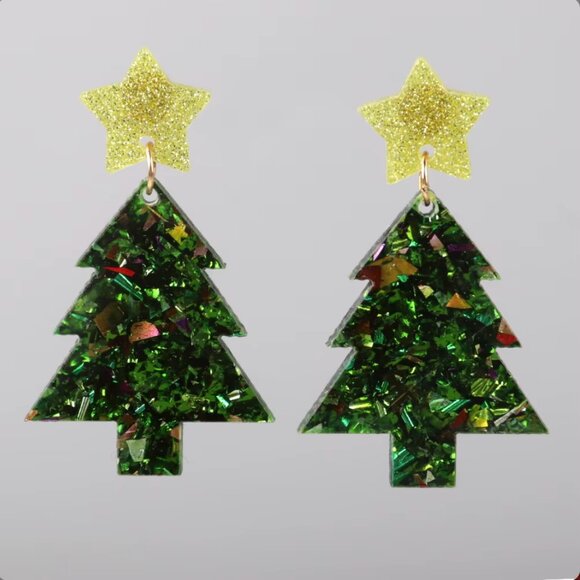 Glitter Light Green Christmas Tree Acrylic Sparkle Stud Dangle Earrings NEW - Picture 1 of 2